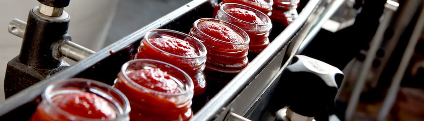 Une chaîne de production de sauce tomate issue de l'industrie agrolimentaire, qui nécessite beaucoup d'emplois saisonniers.