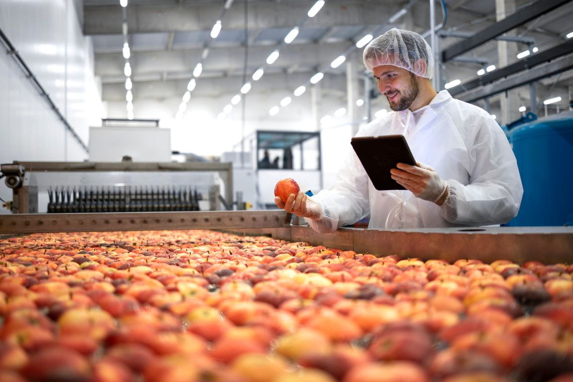 Ouvrier agroalimentaire examinant un fruit
